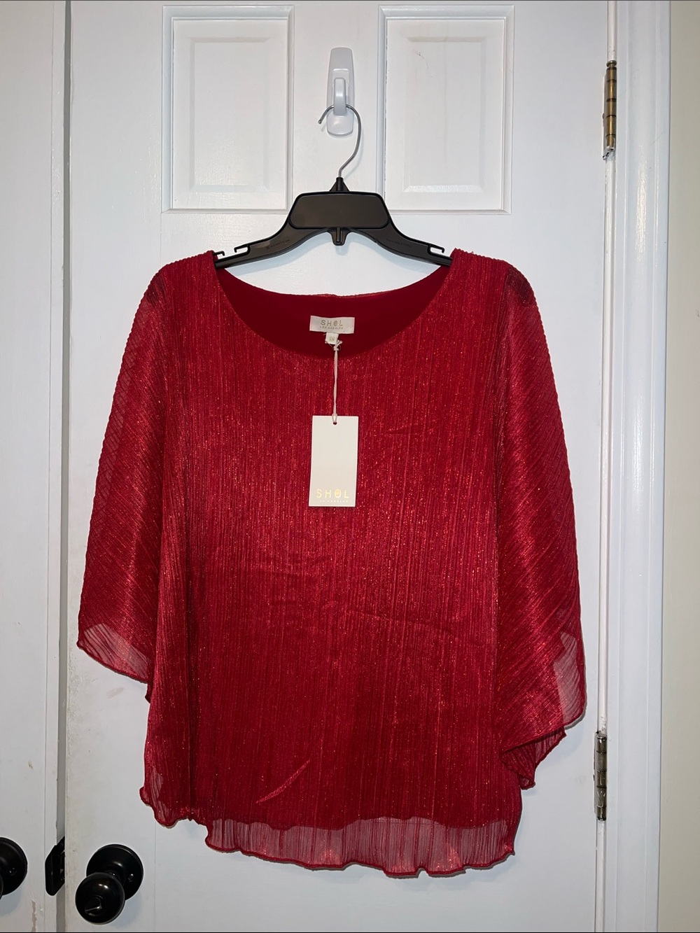 Red Shimmer Pleated Scoop Neck Blouse